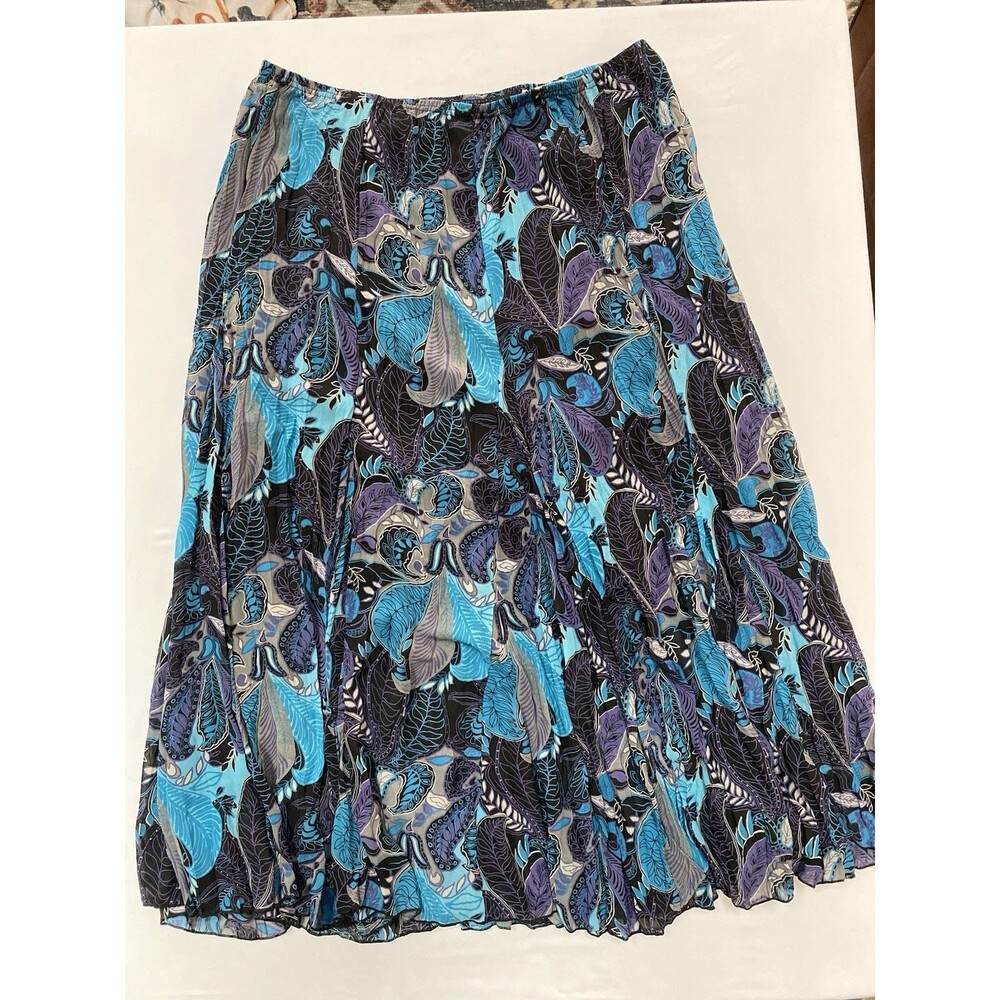 Rafael XL Midi Skirt Blue Purple Black Floral Paisley Pleated Crinkle Elastic